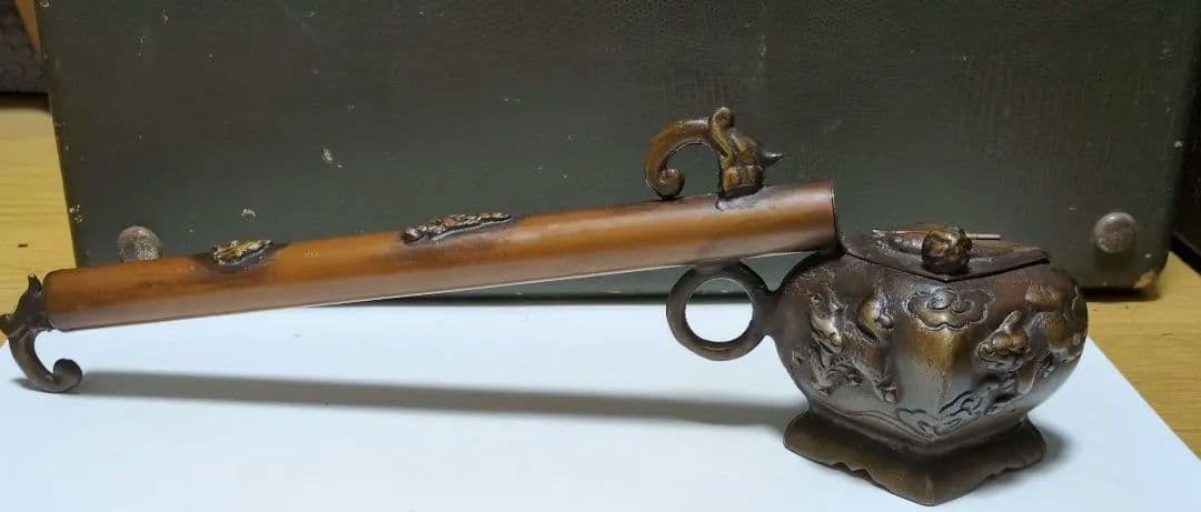 古民具 煙管 キセル 金属製 蓋付き 全長34cm 時代物 喫煙具 アンティーク