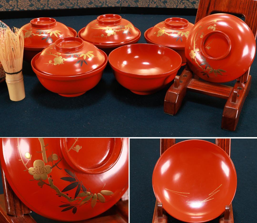 時代漆器　輪島塗　松竹梅蒔絵 　吸物椀　五客　塗椀　汁椀　木製　BJ073