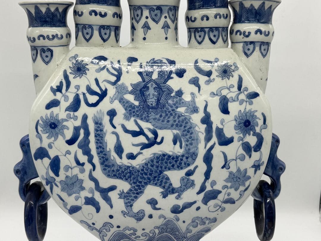 中国　染付　龍紋五管瓶　送料込み