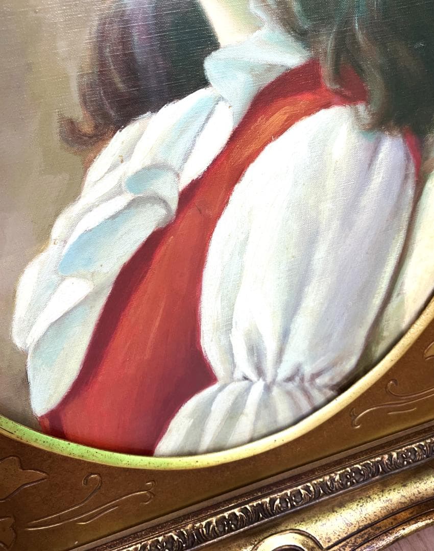 鶴村義美『白いブラウス』油彩画　丸額　希少