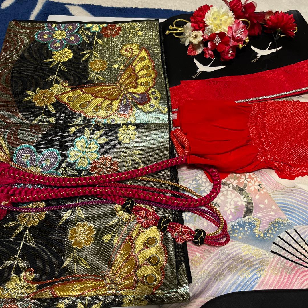 振袖セット正絹本加工青波扇子と鶴アンティークレトロな振袖作家落款有　トールサイズ