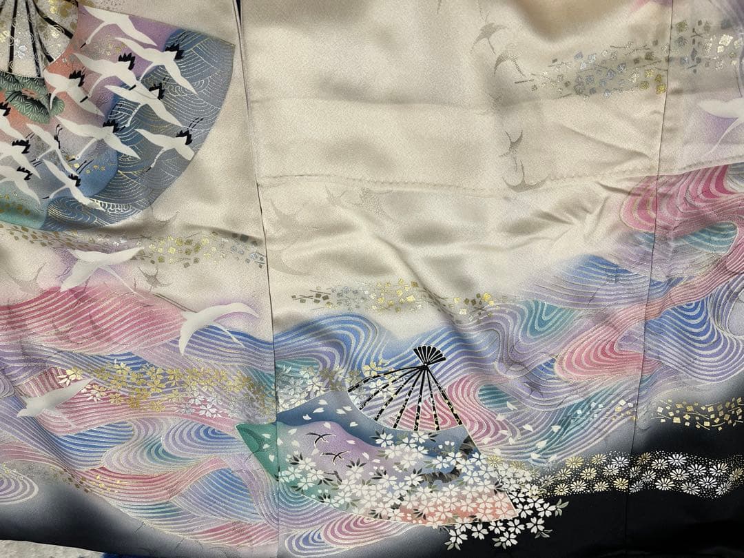 振袖セット正絹本加工青波扇子と鶴アンティークレトロな振袖作家落款有　トールサイズ