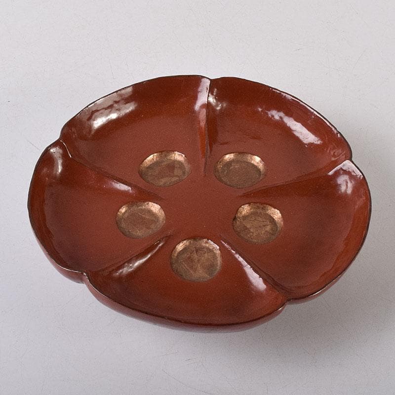 時代根来　朱塗　梅の花盆　書付時代箱　V　R8648