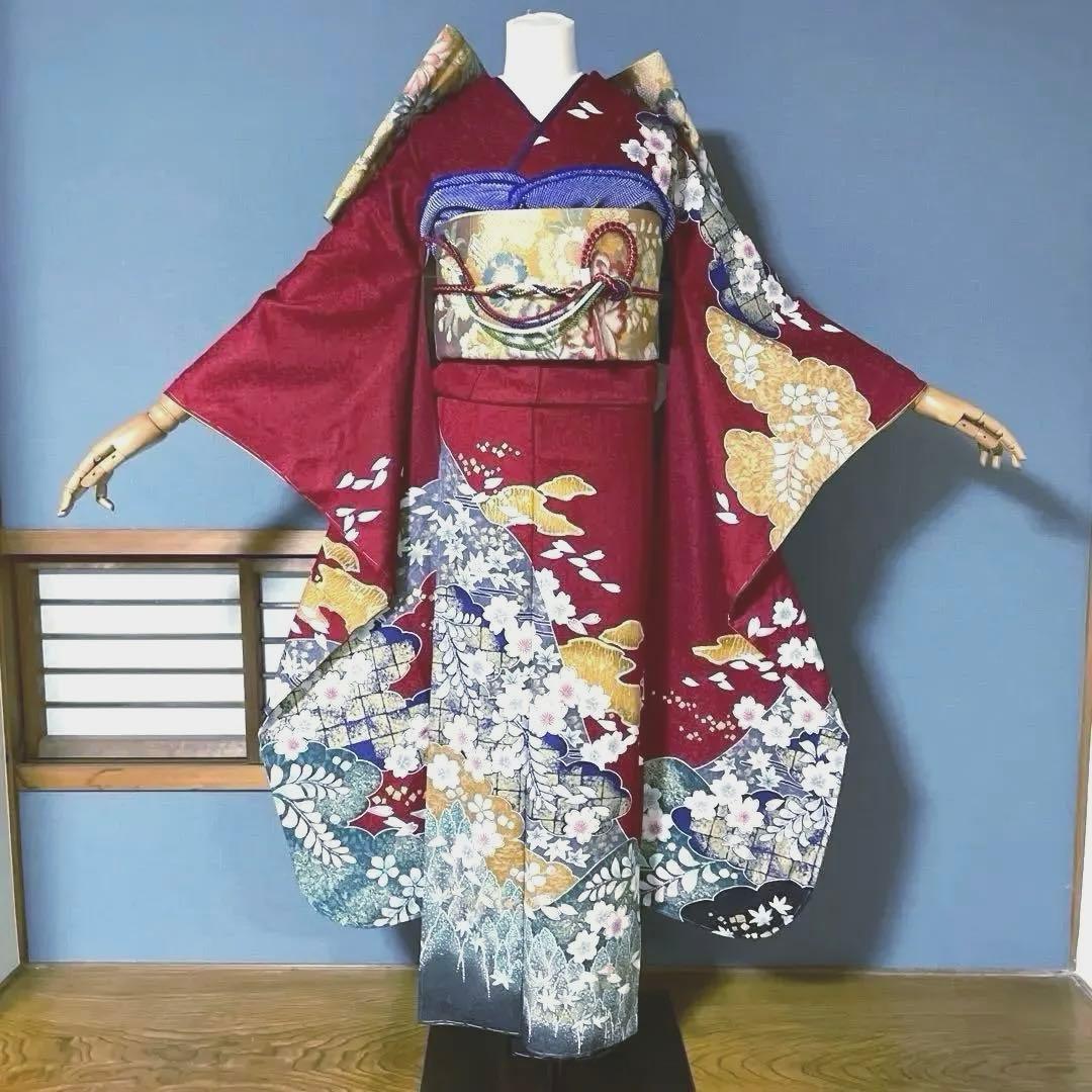 振袖フルセット　新品　特大　高身長　渋い赤に花柄 金色模様　成人式