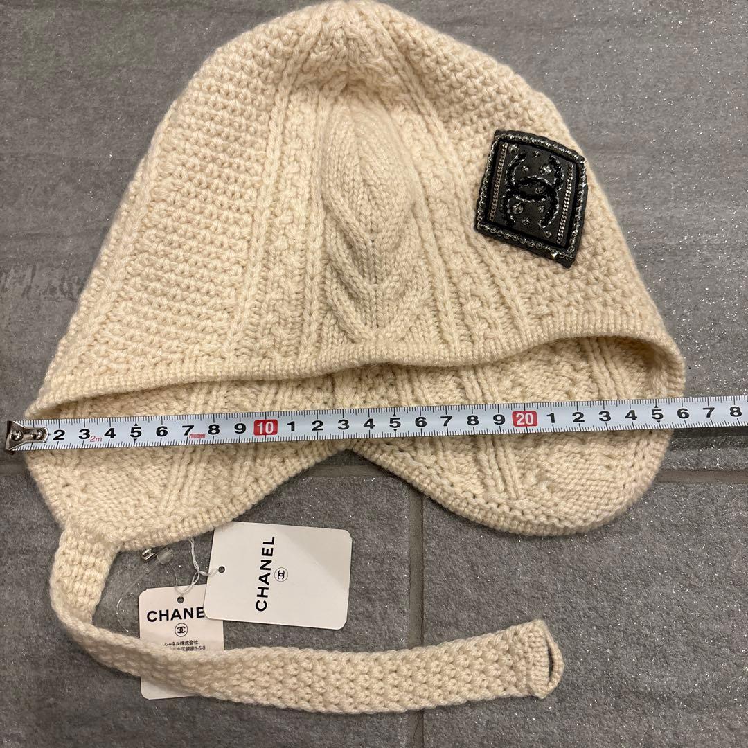 CHANEL アイボリー ニット帽 ケーブル編み