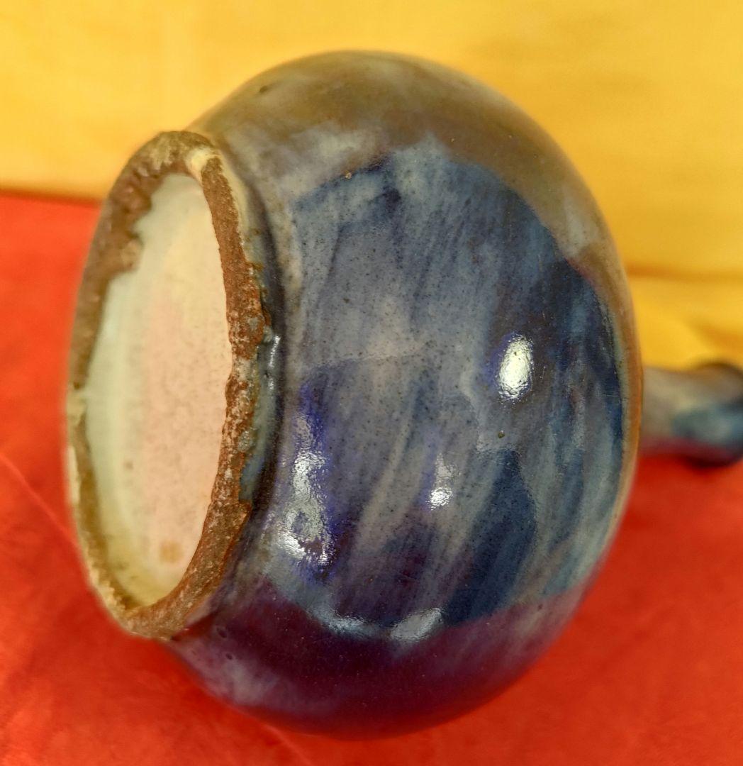 李朝瑠璃釉刻花紋 朝鮮古陶磁器 朝鮮美術 一輪挿 花器 金継ぎ 16㌢ 木箱入