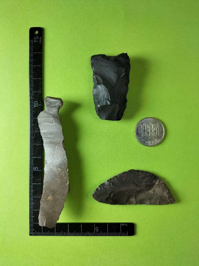 石器セット(出土品)石篦、石ナイフ、石匙の3点！全て硬質頁岩(チャート！)
