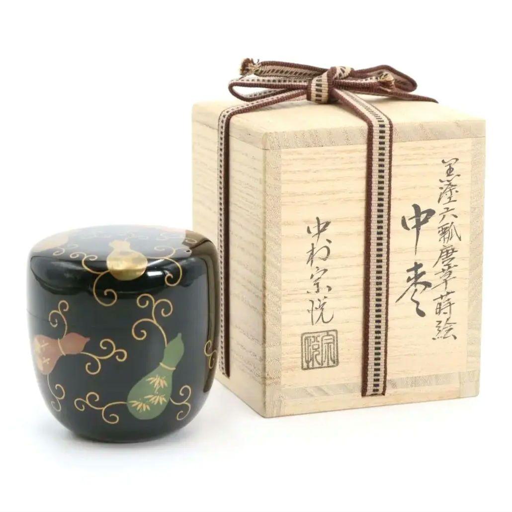 中村宗悦作 黒塗六瓢唐草蒔絵中棗 共箱共布 茶道具　C130　1F20