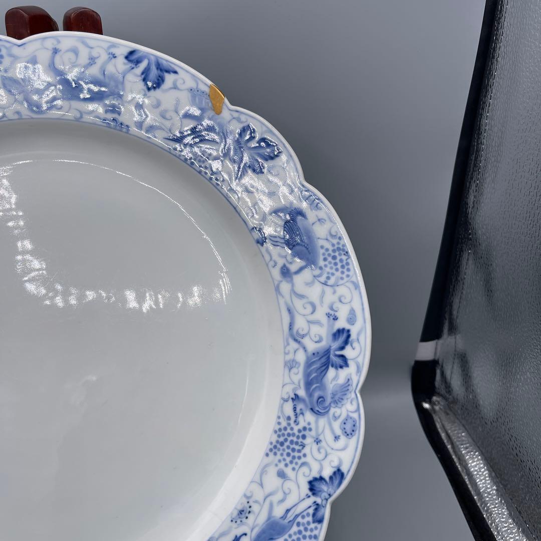 希少　幻の明治伊万里　精磁会社謹製　染付霊獣文ディナー大皿　金継ぎ有り