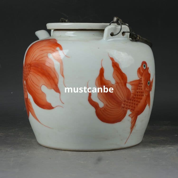 景徳鎮 陶磁器 金魚紋提梁壺 茶壺 煎茶器 装飾品 現代工芸品 置物