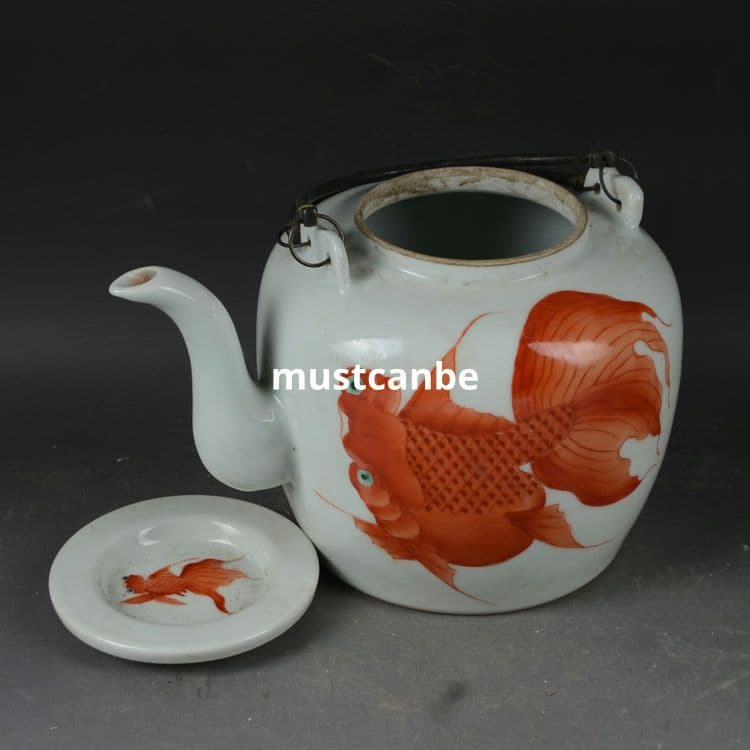 景徳鎮 陶磁器 金魚紋提梁壺 茶壺 煎茶器 装飾品 現代工芸品 置物
