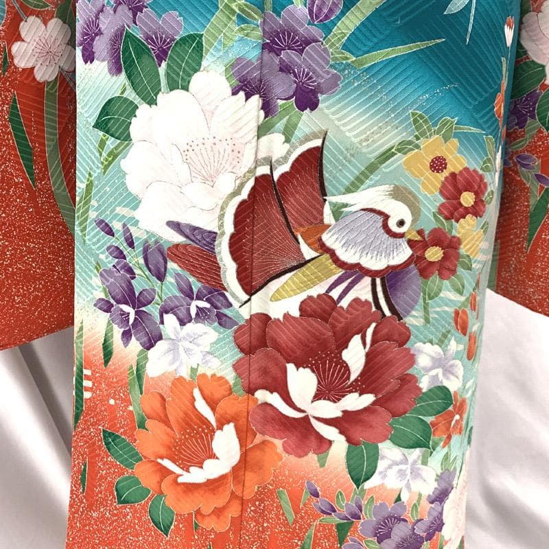 508ag54■七五三 七歳 女児 着物&袋帯 鴛鴦 牡丹 青緑■美品