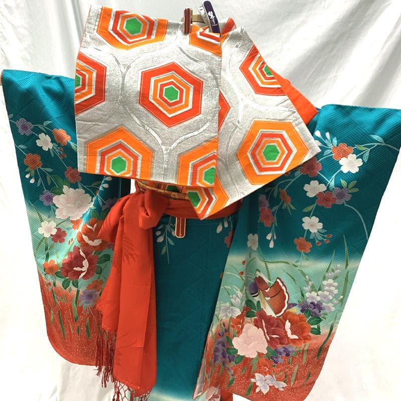 508ag54■七五三 七歳 女児 着物&袋帯 鴛鴦 牡丹 青緑■美品