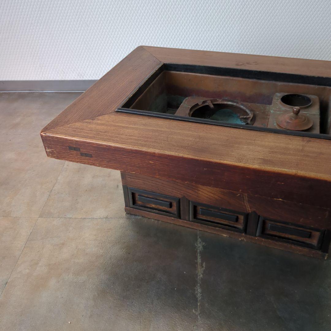 骨董 火鉢 長火鉢 関西火鉢 銅器ごとく付 テーブル 古民具 木製