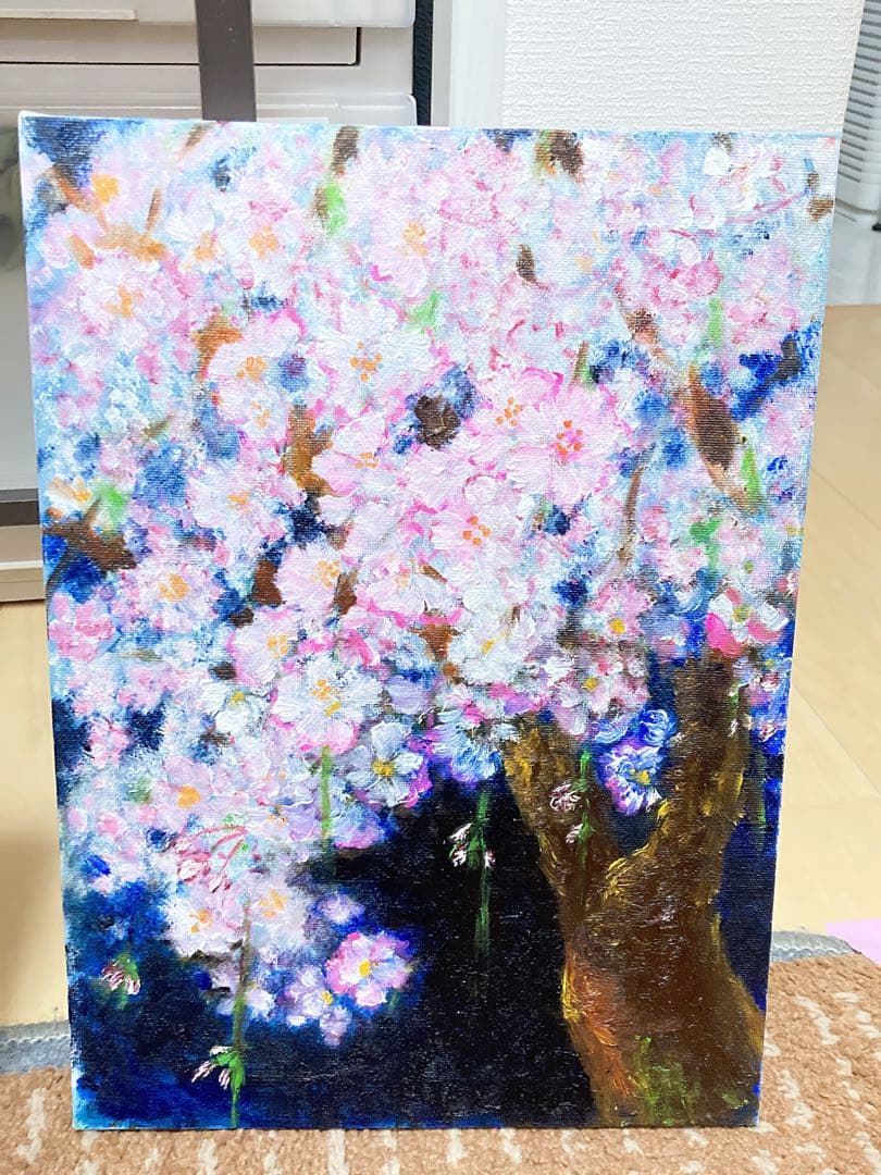 素人の油絵 夜桜 F4号キャンバス 送料無料