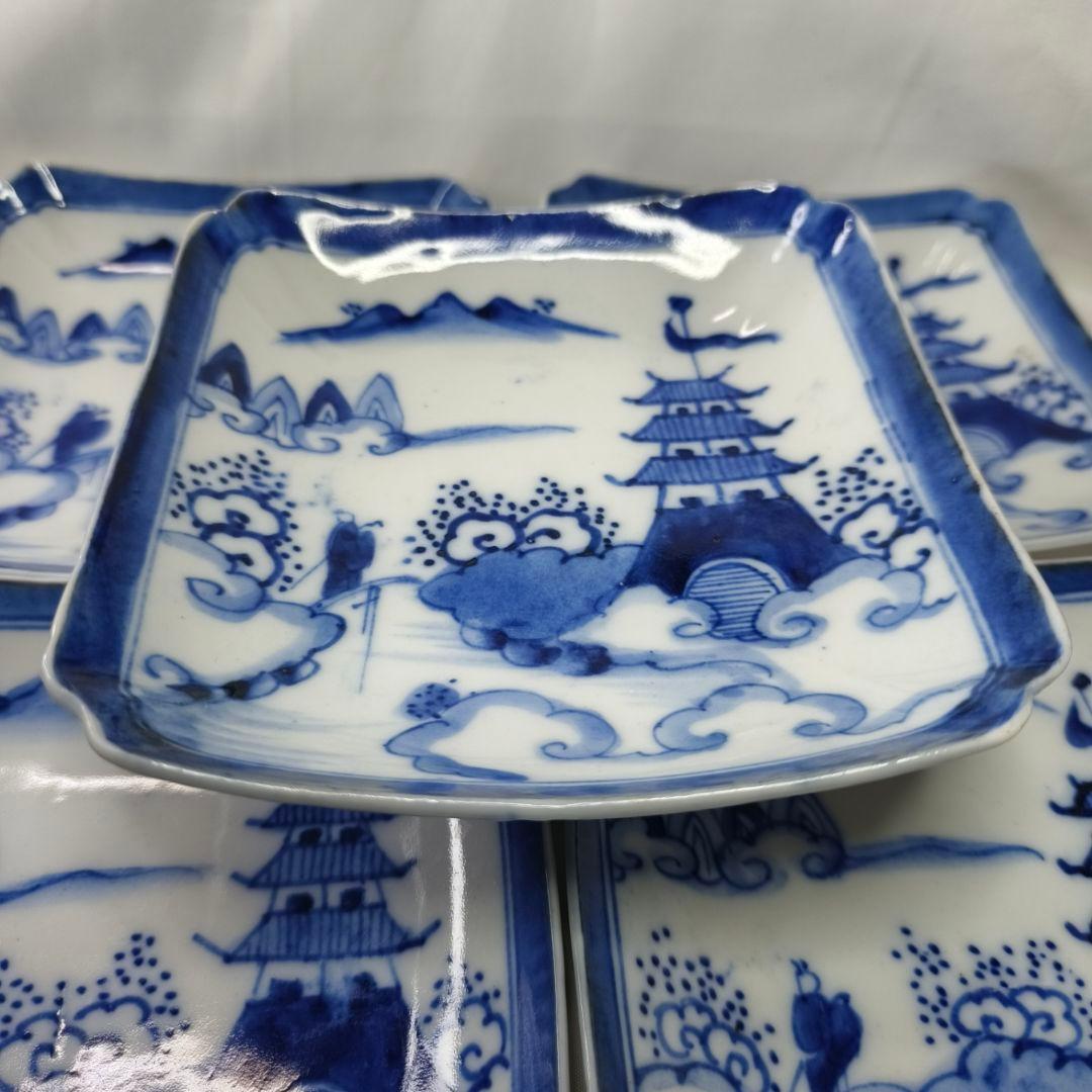 古伊万里 染付隅切り四方皿 手描き山水図 在銘 時代物 旧家蔵出し美品 骨董