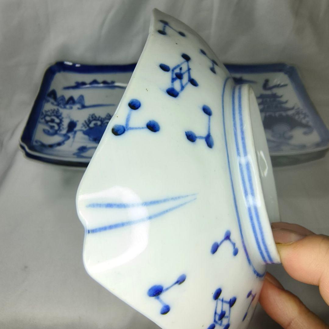 古伊万里 染付隅切り四方皿 手描き山水図 在銘 時代物 旧家蔵出し美品 骨董