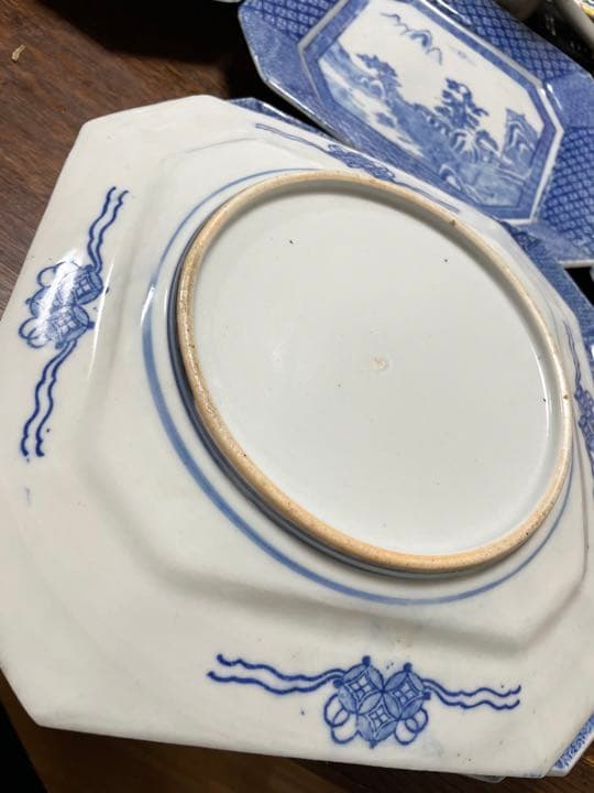 明治時代　古伊万里　染付　印判　染付　山水図　四方隅切大角皿　径27cm