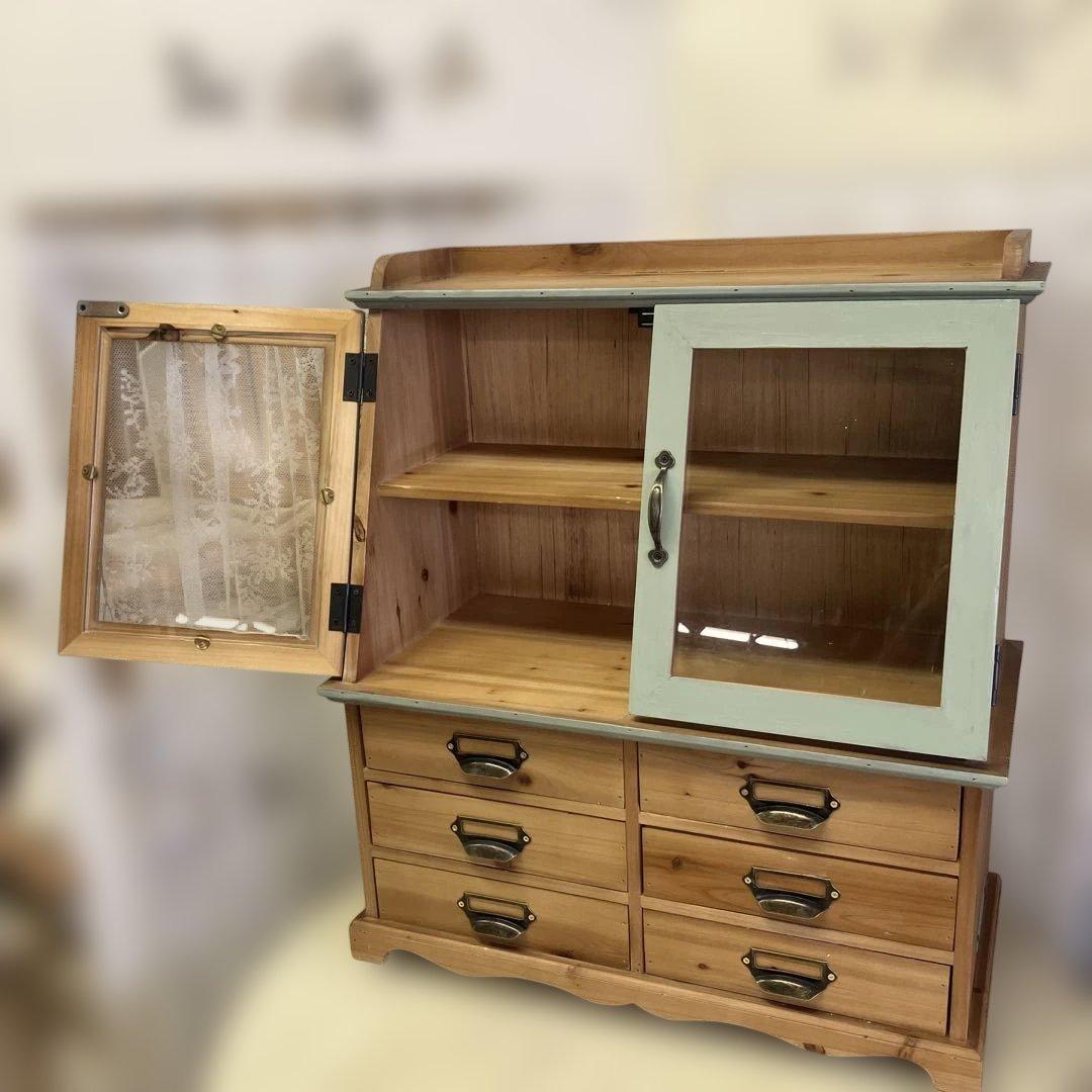 アンティークなガラス扉のキャビネット6ドロワー ミントグリーン木製キャビネット