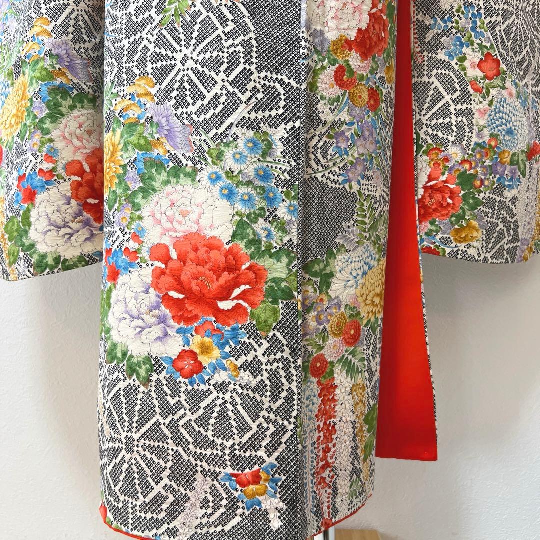 438 振袖フルセット 正絹 黒 赤 金彩 手描き 総柄 小紋 セミアンティーク