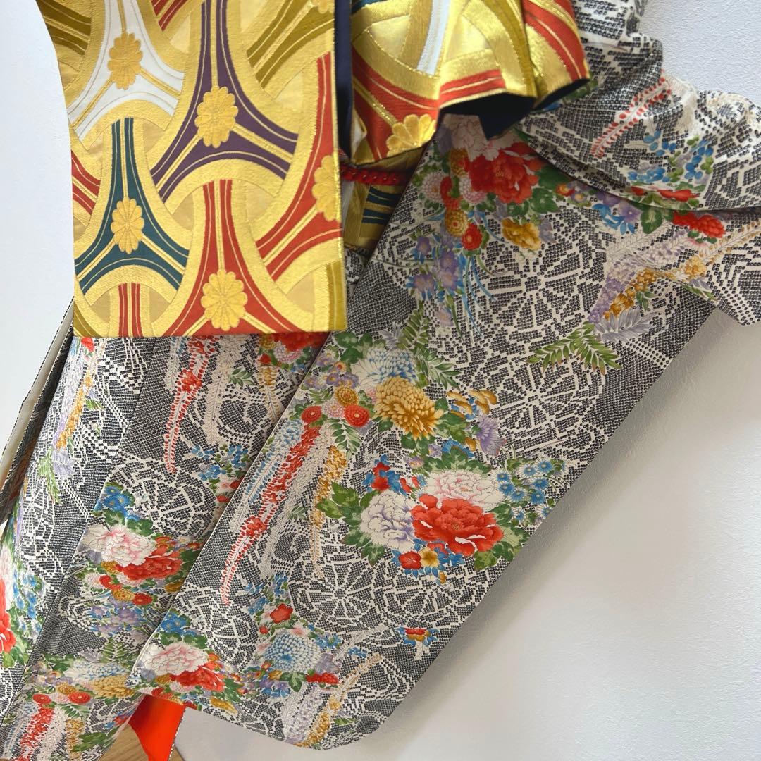 438 振袖フルセット 正絹 黒 赤 金彩 手描き 総柄 小紋 セミアンティーク