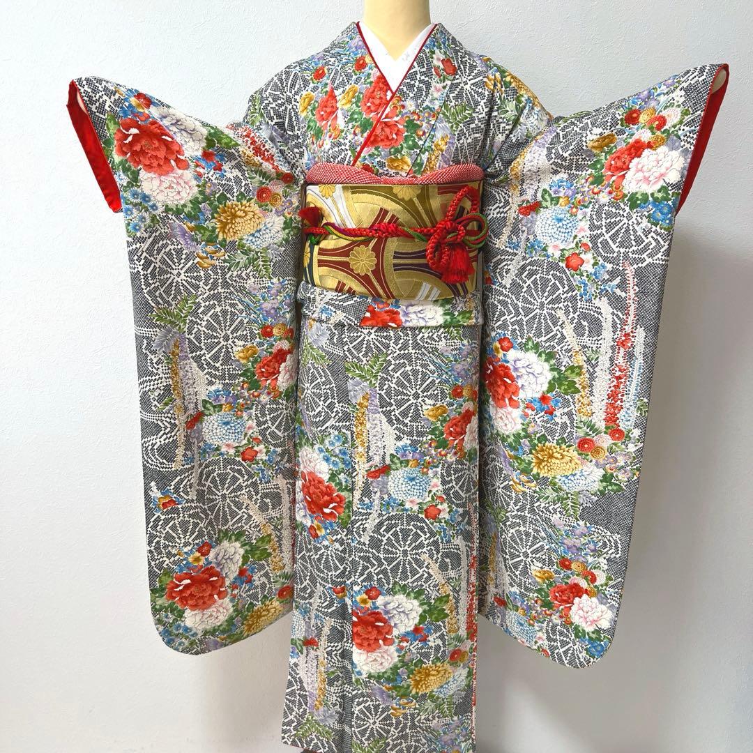 438 振袖フルセット 正絹 黒 赤 金彩 手描き 総柄 小紋 セミアンティーク