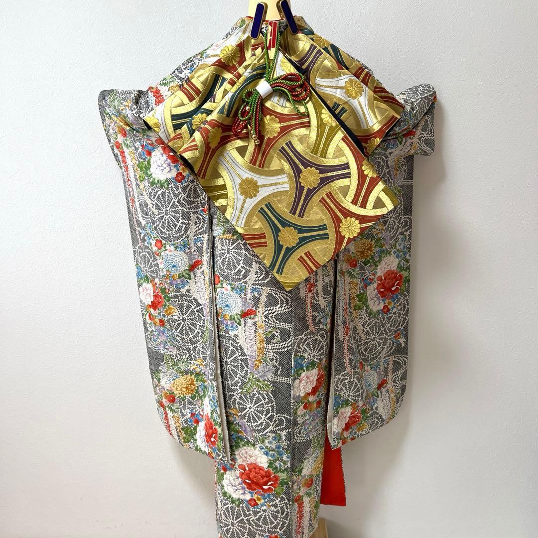 438 振袖フルセット 正絹 黒 赤 金彩 手描き 総柄 小紋 セミアンティーク