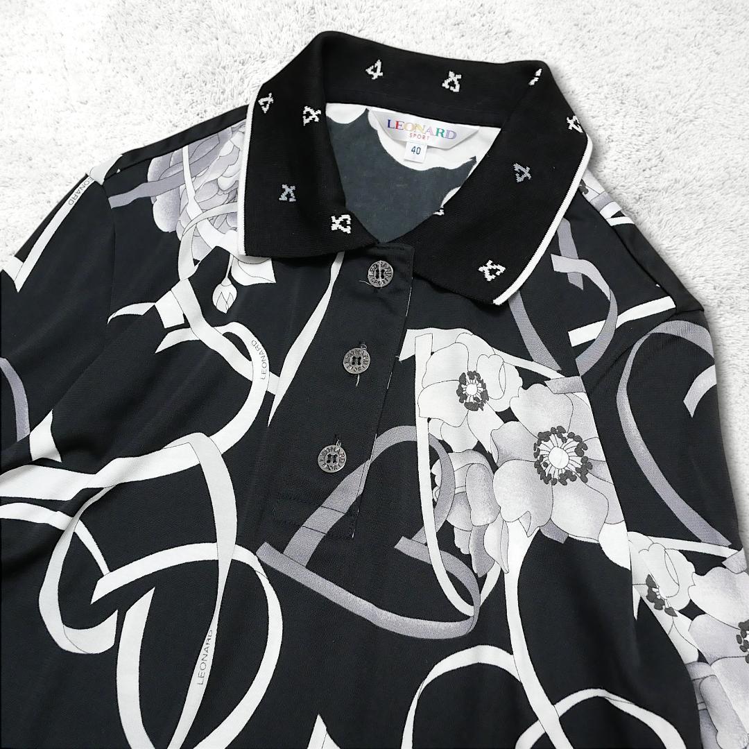 美品【レオナール】フラワー&ハート プリント 40 長袖 ポロシャツ ブラック