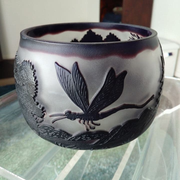 被せ硝子⭐︎アンティーク⭐︎ガレ調 ⭐︎蜻蛉文様 硝子鉢⭐︎水指茶道具、小物入れ