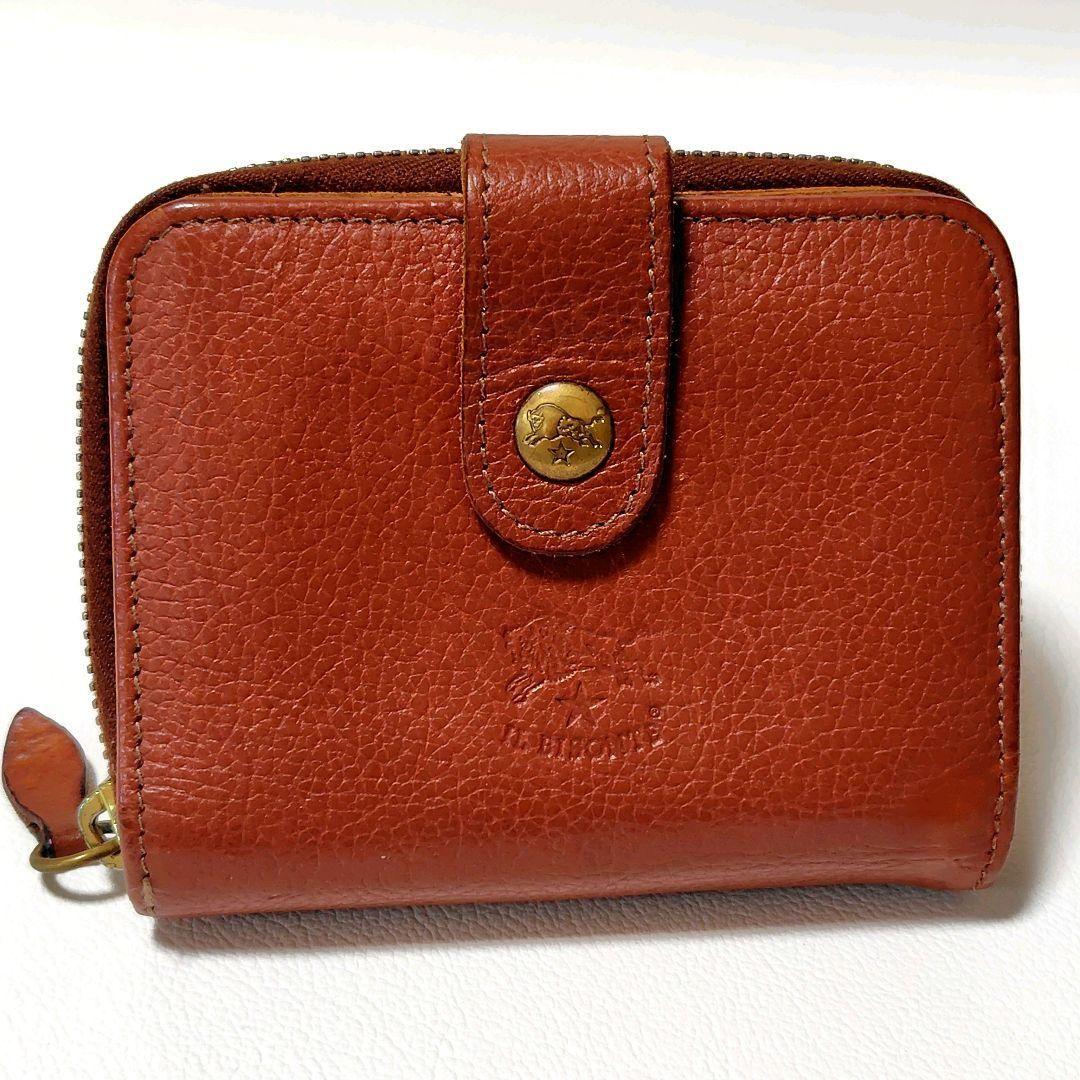 イルビゾンテ　折り財布　ブラウン　レザー　ラウンドファスナー　型押し　金ボタン