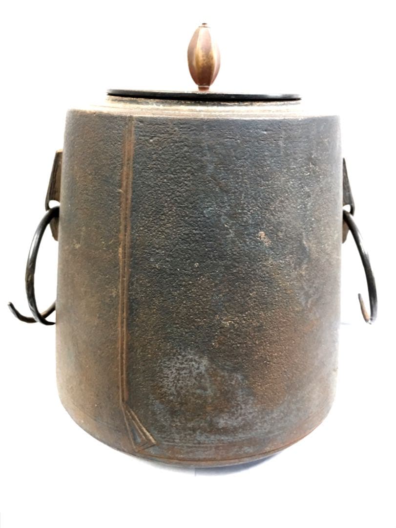 S168筒釜 扇子鐶付 角谷莎村作 茶釜 茶道具 共箱