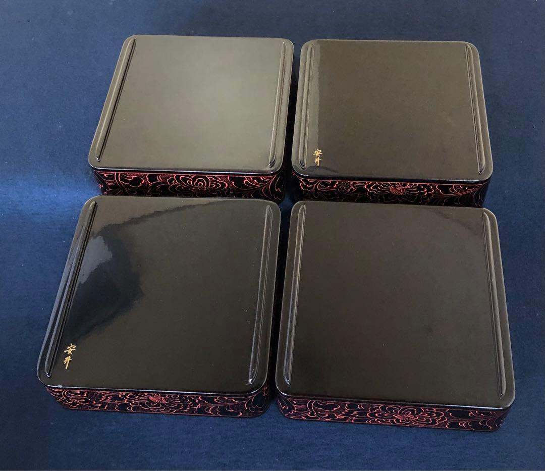 《レ》輪島塗 牡丹彫 四段重 替蓋付 木製漆器 木箱　251119え4