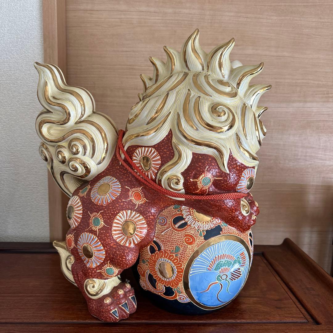 希少　九谷焼　金彩盛絵玉乗り獅子　風水　開運　特大陶器　置物　日本陶芸伝統品