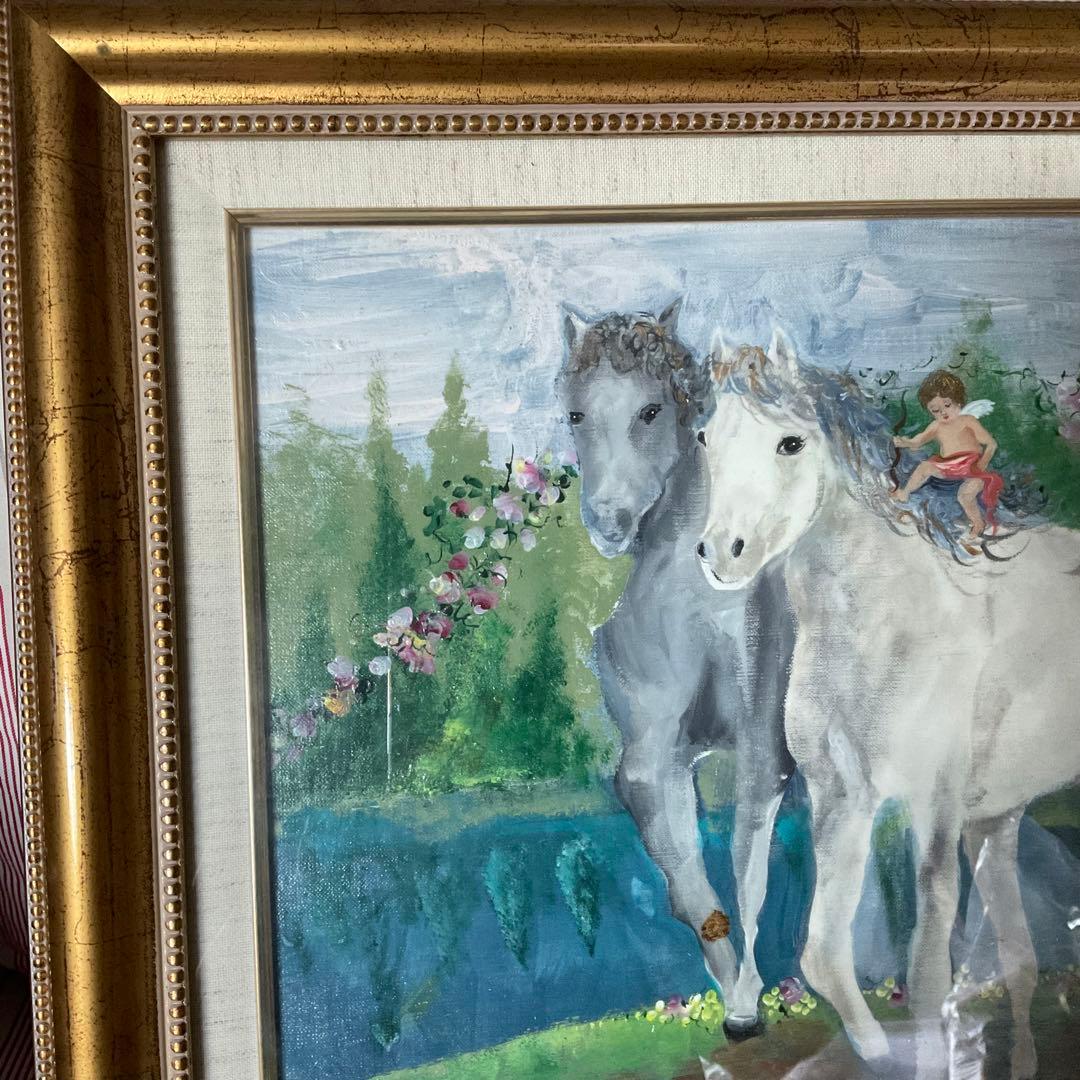 絵画 油絵 板谷モア 二頭の馬とキューピッド 額装 サイン 限定作品