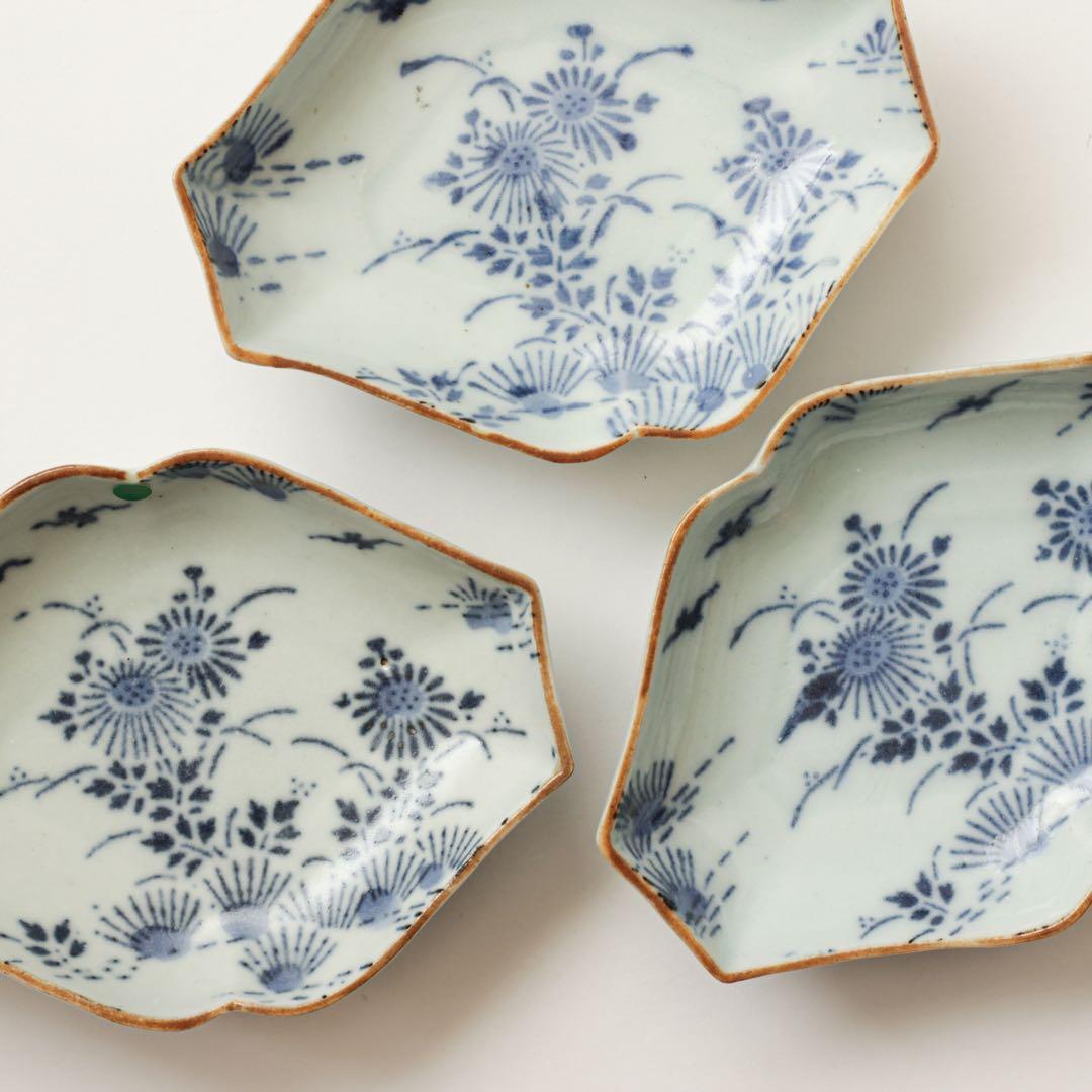 古伊万里　伊万里　江戸　中期　型紙摺　印判手　角入　菱形　変形皿　3客セット販売
