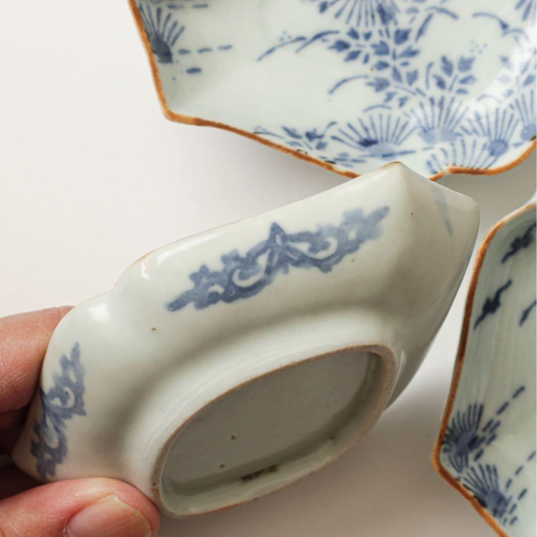 古伊万里　伊万里　江戸　中期　型紙摺　印判手　角入　菱形　変形皿　3客セット販売