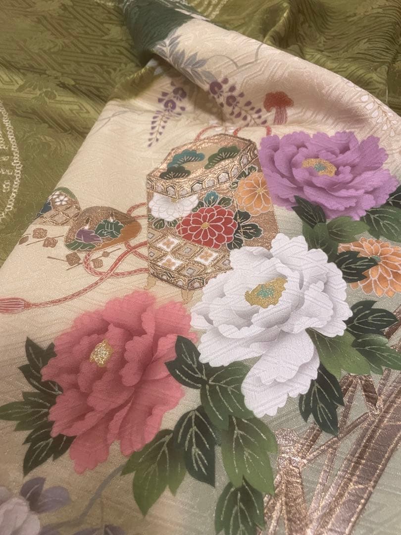 振袖 緑色 花柄 絹