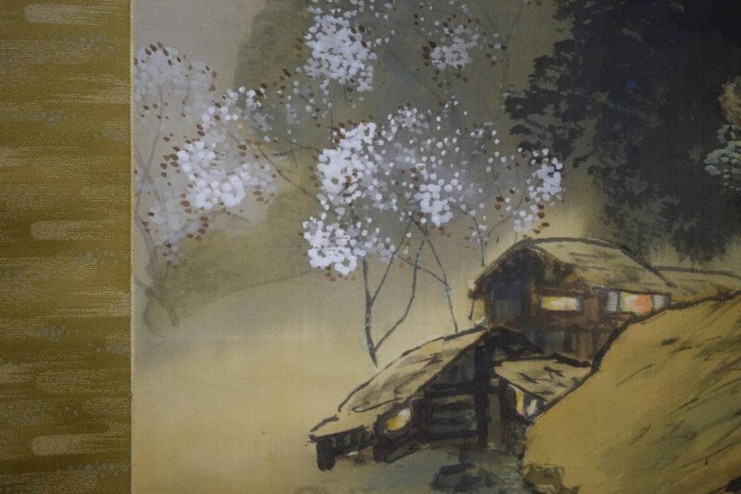 真作/林文塘/春夕/山水桜花図/桐共箱付/布袋屋掛軸HH-915