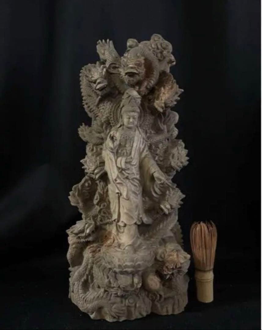大型　高37cm 仏教工芸品　総楠製　井波彫刻　一刀彫　極上彫　九龍観音菩薩立像