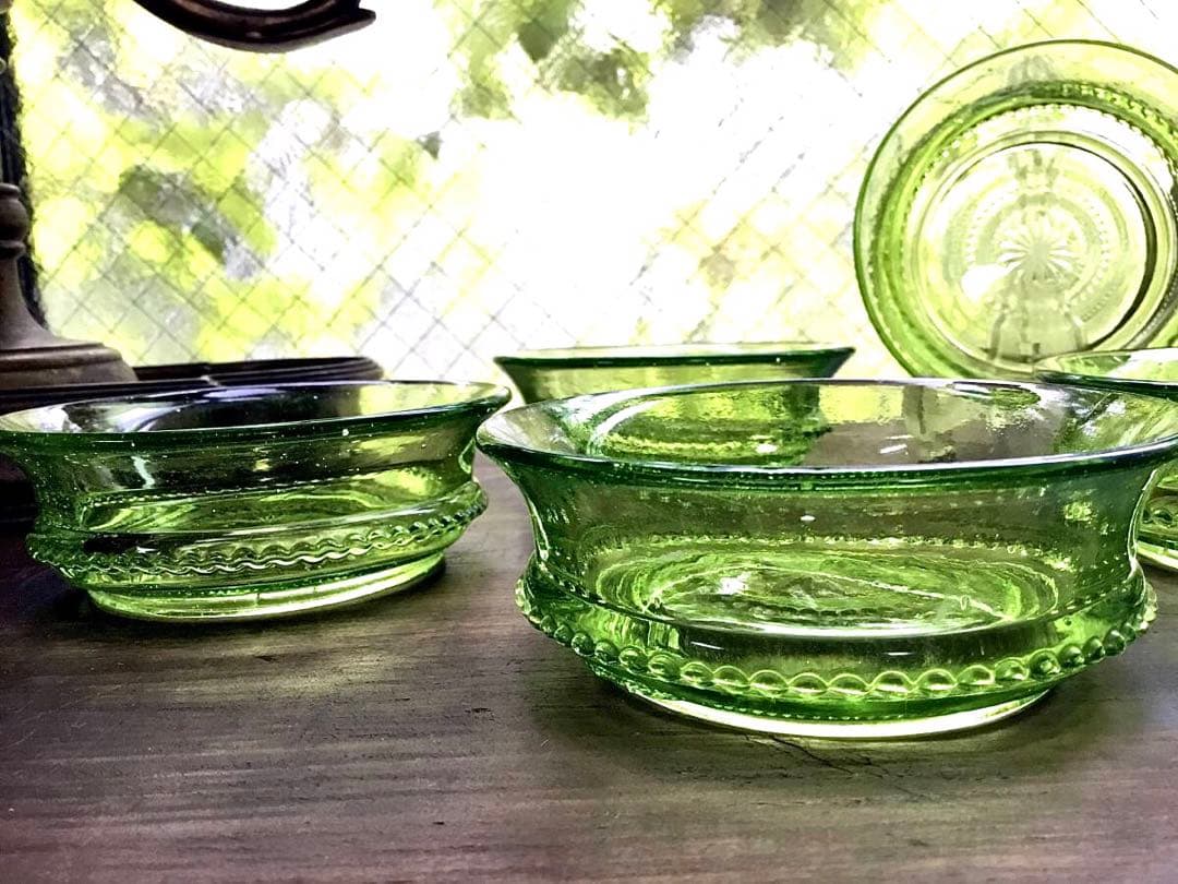和ガラス◆ウランガラス / 小鉢 / ５個セット◆大正ロマン グリーン ボウル