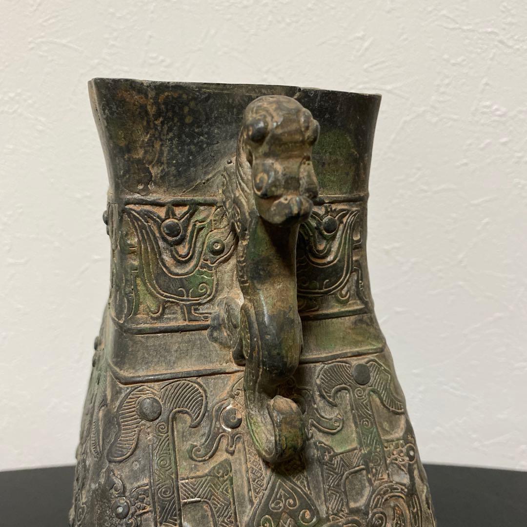 中国美術 青銅器 饕餮紋獣耳壷 花瓶 漢銅器