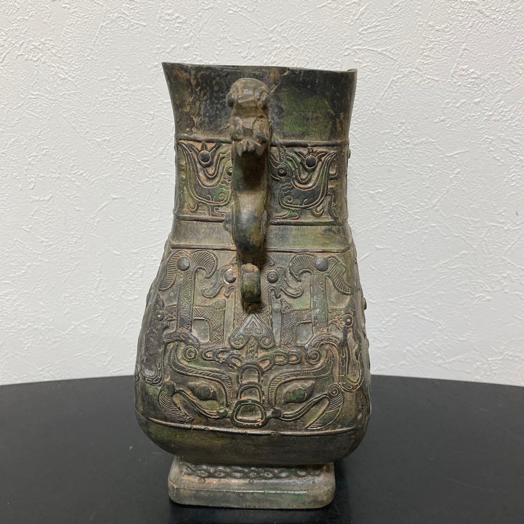 中国美術 青銅器 饕餮紋獣耳壷 花瓶 漢銅器