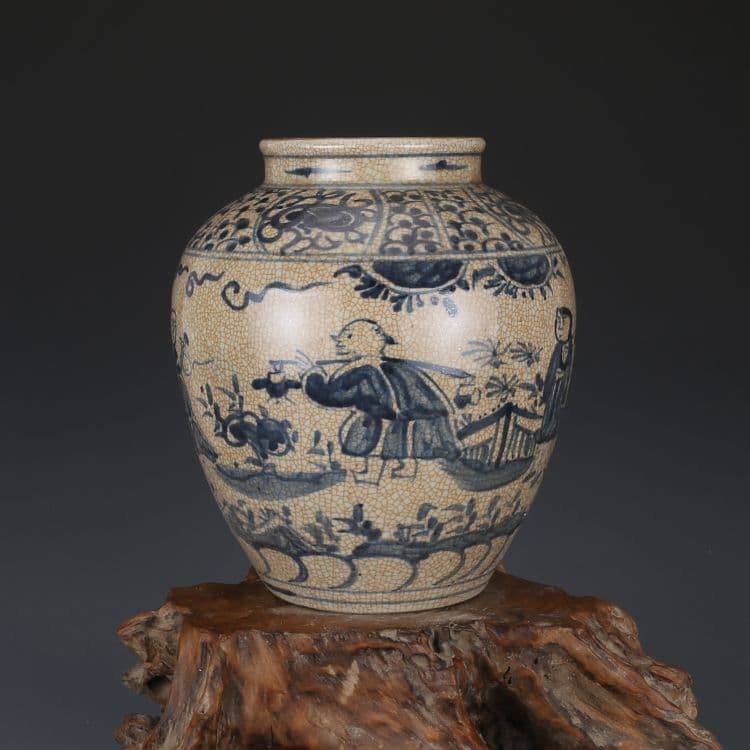 青花人物紋缶 陶磁器 現代工芸品 美術品 装飾品 置物