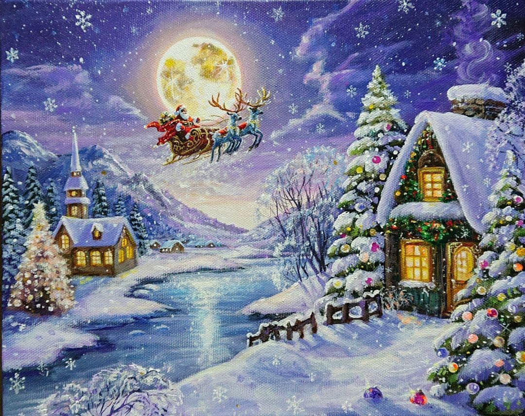 ぷ*あ様 【雪の降る夜】アクリル画 F3 風景画 絵画