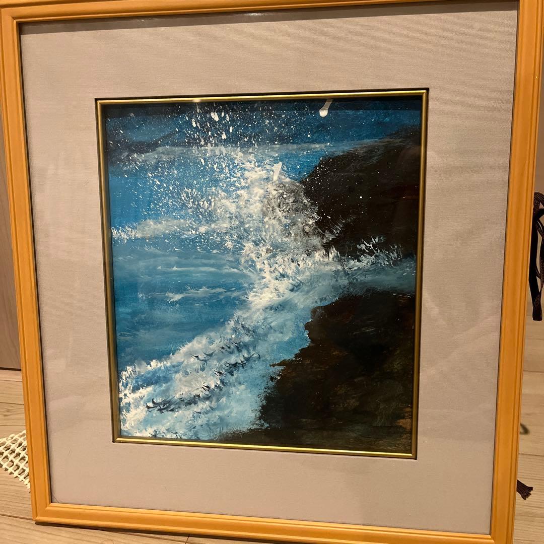 海の波 油彩画 木製フレーム付き37✖️30