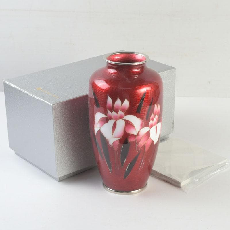 七宝焼　安藤七宝店　赤透釉　花文　花瓶　敷板・箱付　V　9279