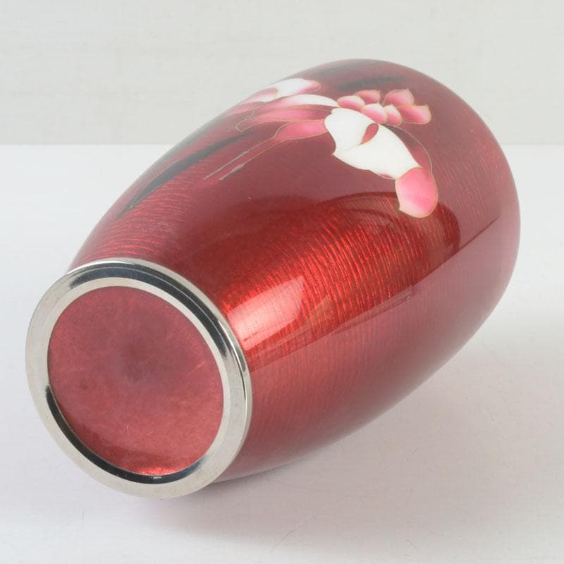 七宝焼　安藤七宝店　赤透釉　花文　花瓶　敷板・箱付　V　9279