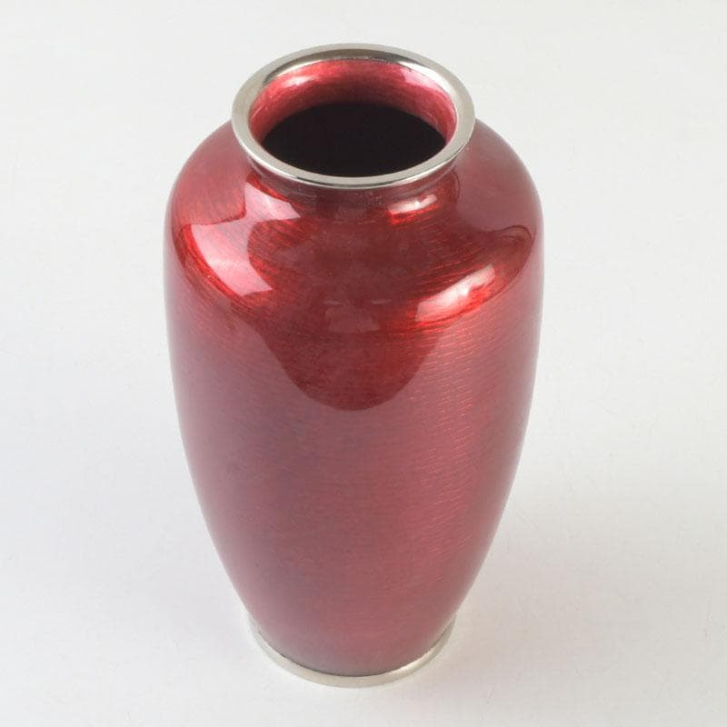 七宝焼　安藤七宝店　赤透釉　花文　花瓶　敷板・箱付　V　9279