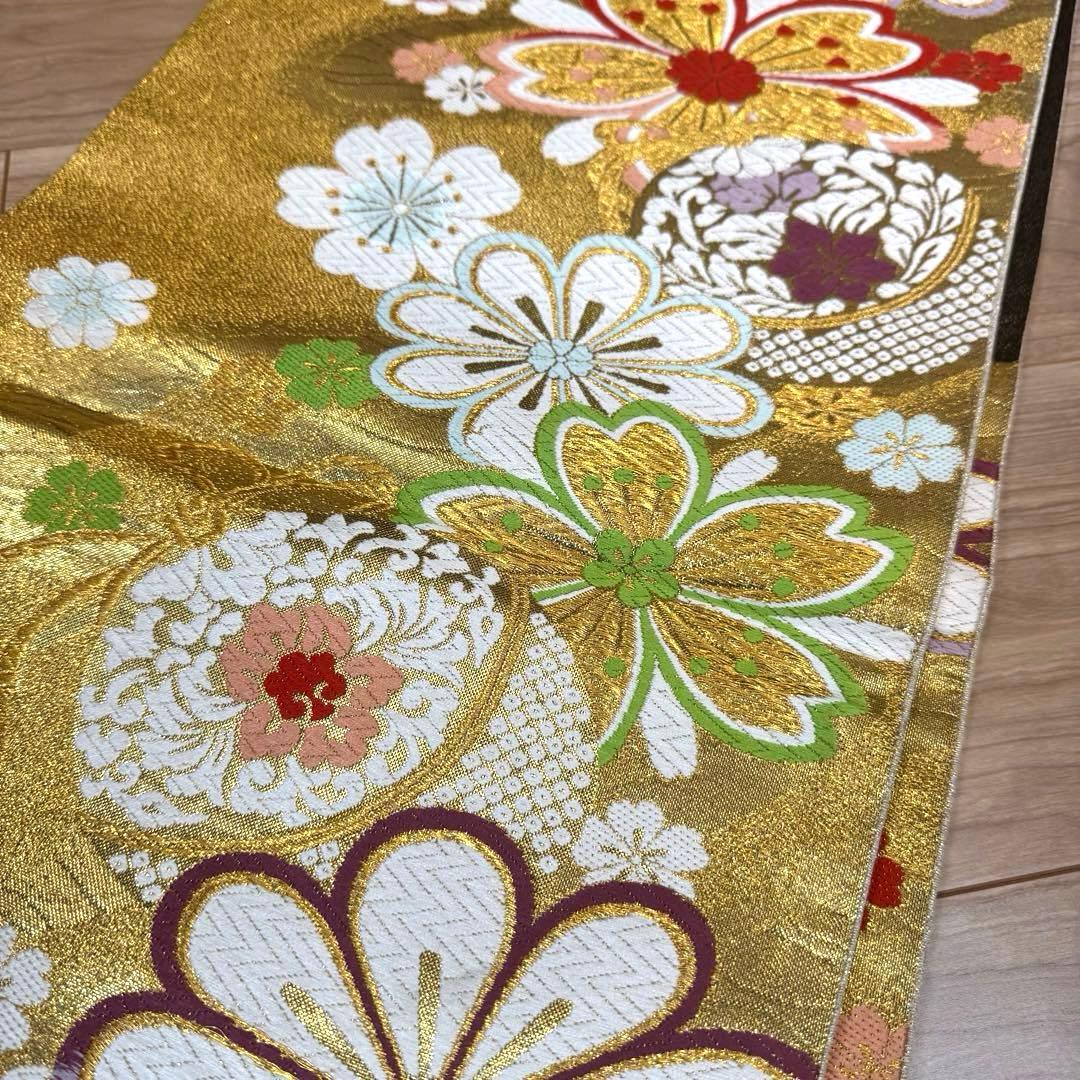超美品　正絹　現代　袋帯　着物　六通　振袖　成人式　454 白　金　赤　花柄