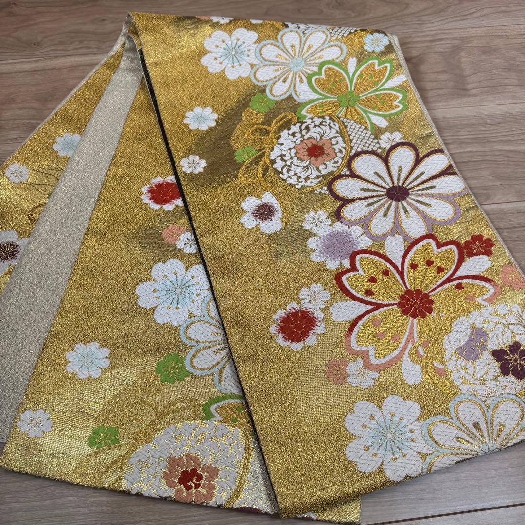 超美品　正絹　現代　袋帯　着物　六通　振袖　成人式　454 白　金　赤　花柄